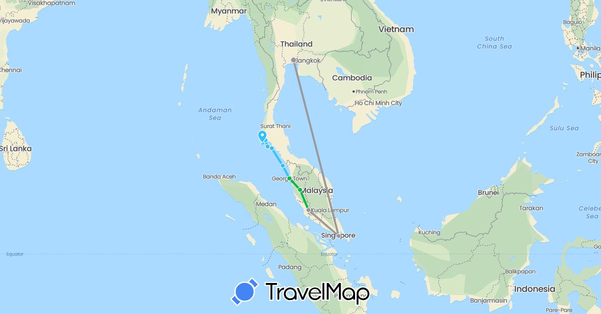 TravelMap itinerary: driving, bus, plane, boat in Malaysia, Singapore, Thailand (Asia)