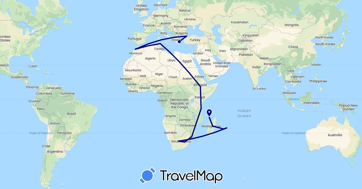 TravelMap itinerary: driving in Ethiopia, France, Greece, Lesotho, Morocco, Madagascar, Mauritius, Mozambique, Tunisia, Turkey, Tanzania, South Africa (Africa, Asia, Europe)